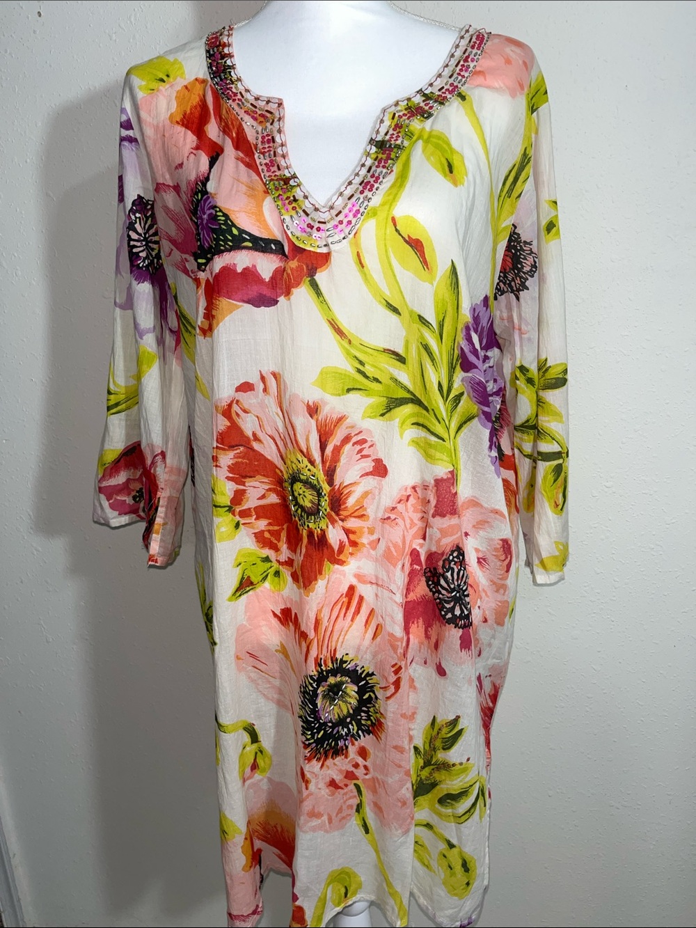 Club Z Collection Floral Beaded Tunic Swim Cover Up NWT Size L